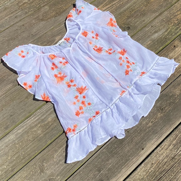 Studio Petite white semi-sheer blouse with orange embroidered flowers Sz P Large - Picture 5 of 8